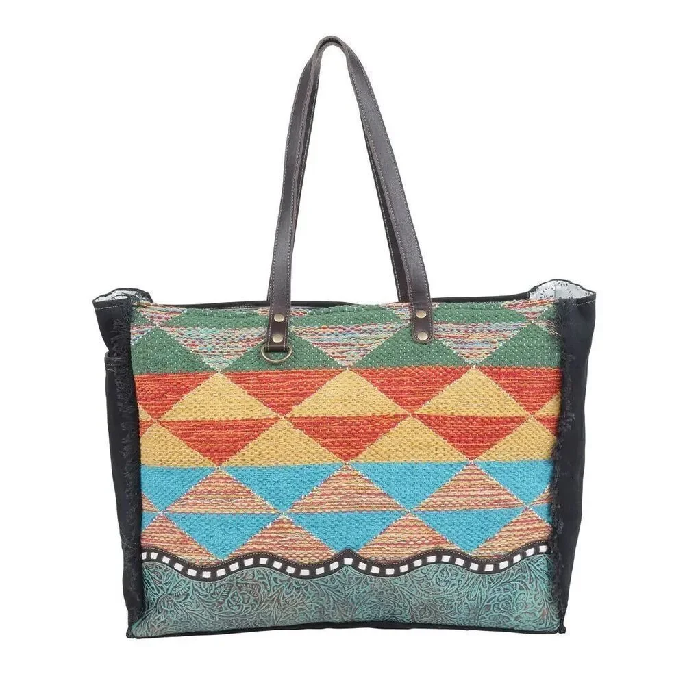 Myra Bag Handmade Jazz Weekender Bag Upcycled Canvas & Cowhide Leather